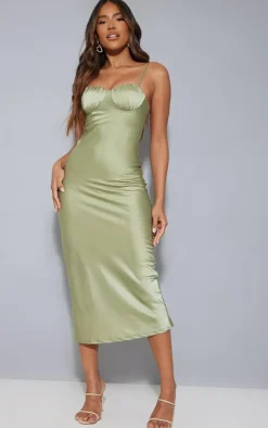Satin Ruched Cup Strappy Midi Dress-PrettyLittleThing Online