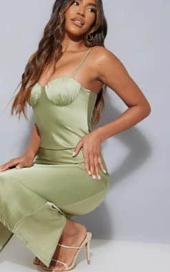 Satin Ruched Cup Strappy Midi Dress-PrettyLittleThing Online