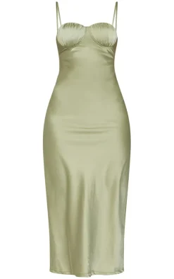 Satin Ruched Cup Strappy Midi Dress-PrettyLittleThing Online