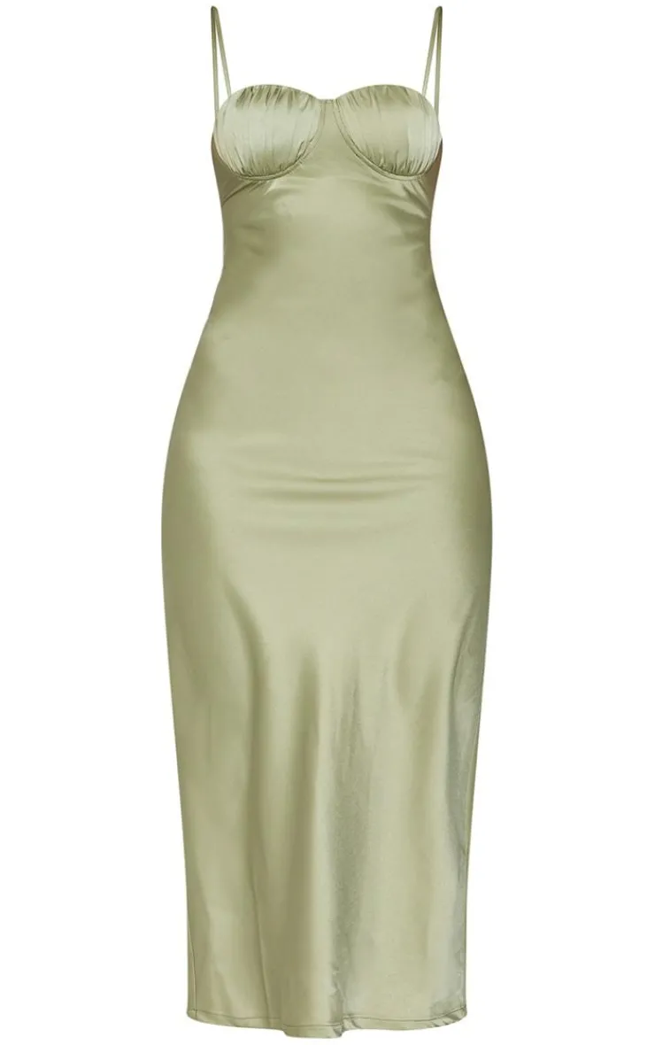 Satin Ruched Cup Strappy Midi Dress-PrettyLittleThing Online
