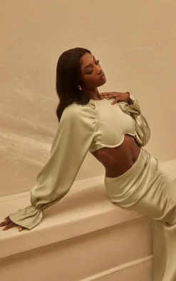 Sale PrettyLittleThing Satin Underwired Puff Sleeve Crop Top Sage Green