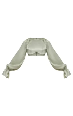 Sale PrettyLittleThing Satin Underwired Puff Sleeve Crop Top Sage Green