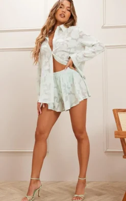 Best PrettyLittleThing Sheer Floral Textured Floaty Shorts Sage Green