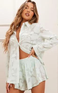 Best PrettyLittleThing Sheer Floral Textured Floaty Shorts Sage Green