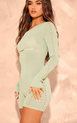 Sage Green Sheer Knit Cut Out Detail Romper
