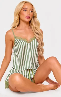 PrettyLittleThing Christmas Shop*Stripe Contrast Lace Satin Cami Short PJ Set