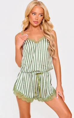 PrettyLittleThing Christmas Shop*Stripe Contrast Lace Satin Cami Short PJ Set