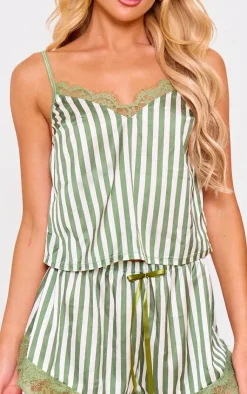 PrettyLittleThing Christmas Shop*Stripe Contrast Lace Satin Cami Short PJ Set