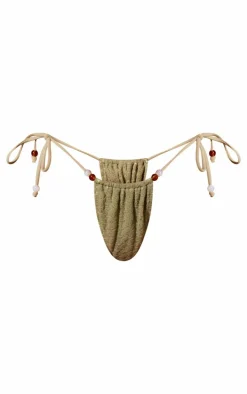 Sage Green Textured Bead Detail Tie Side Bikini Bottoms