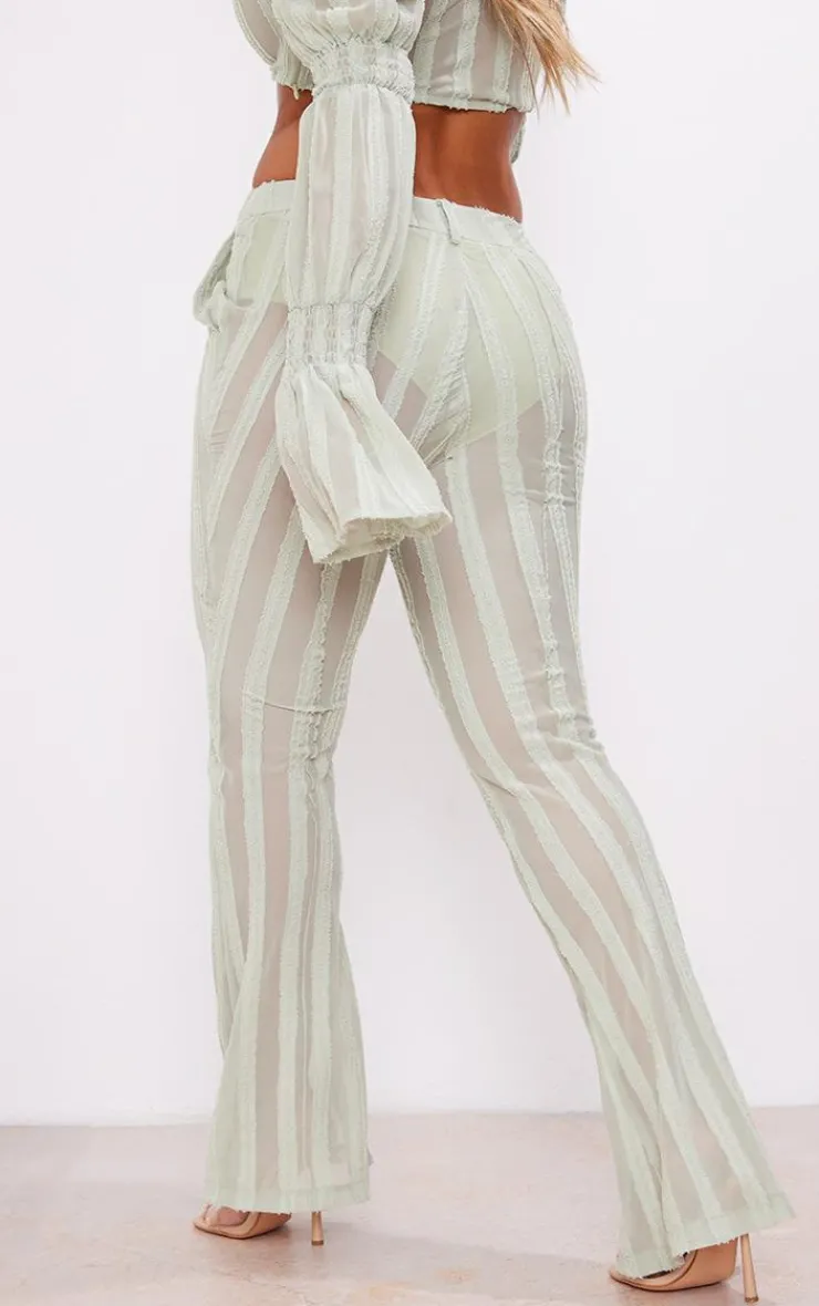 Online PrettyLittleThing Textured Woven Flare Pants Sage Green