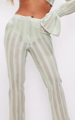 Online PrettyLittleThing Textured Woven Flare Pants Sage Green