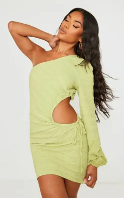 Textured Woven Ruched Cut Out One Shoulder Shift Dress-PrettyLittleThing Discount