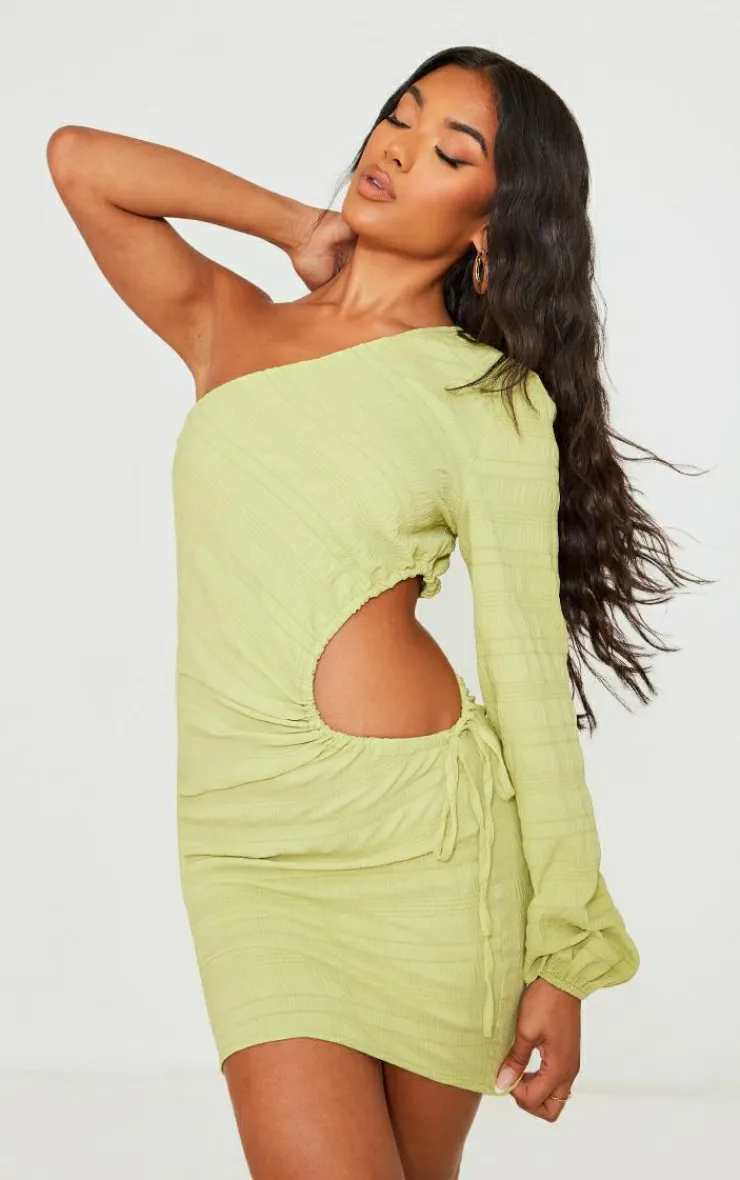 Textured Woven Ruched Cut Out One Shoulder Shift Dress-PrettyLittleThing Discount