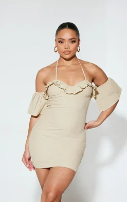 Woven Frill Bardot Halter Cut Out Shift Dress-PrettyLittleThing Online