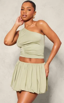 Sale PrettyLittleThing Jersey Ruched Detail One Shoulder Top Sage