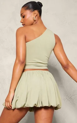 Sale PrettyLittleThing Jersey Ruched Detail One Shoulder Top Sage