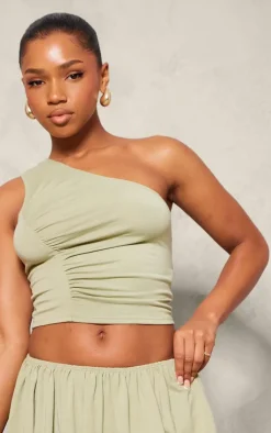 Sale PrettyLittleThing Jersey Ruched Detail One Shoulder Top Sage