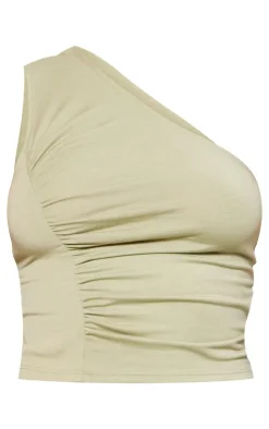 Sale PrettyLittleThing Jersey Ruched Detail One Shoulder Top Sage