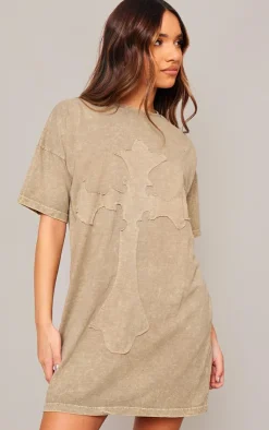 Acid Wash Cross Applique T Shirt Dress-PrettyLittleThing Sale