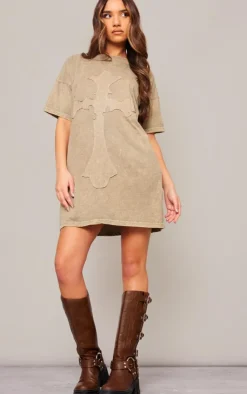 Acid Wash Cross Applique T Shirt Dress-PrettyLittleThing Sale