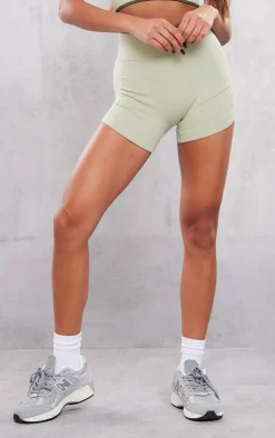 PrettyLittleThing Contrast Snatched Rib Ruched Side Hotpants Sage Khaki