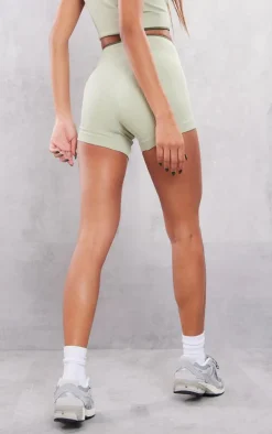 PrettyLittleThing Contrast Snatched Rib Ruched Side Hotpants Sage Khaki