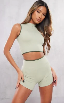 PrettyLittleThing Contrast Snatched Rib Ruched Side Hotpants Sage Khaki