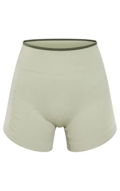 PrettyLittleThing Contrast Snatched Rib Ruched Side Hotpants Sage Khaki
