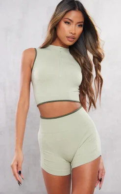 Hot PrettyLittleThing Contrast Snatched Rib Zip Neck Top Sage Khaki
