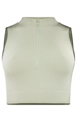 Hot PrettyLittleThing Contrast Snatched Rib Zip Neck Top Sage Khaki
