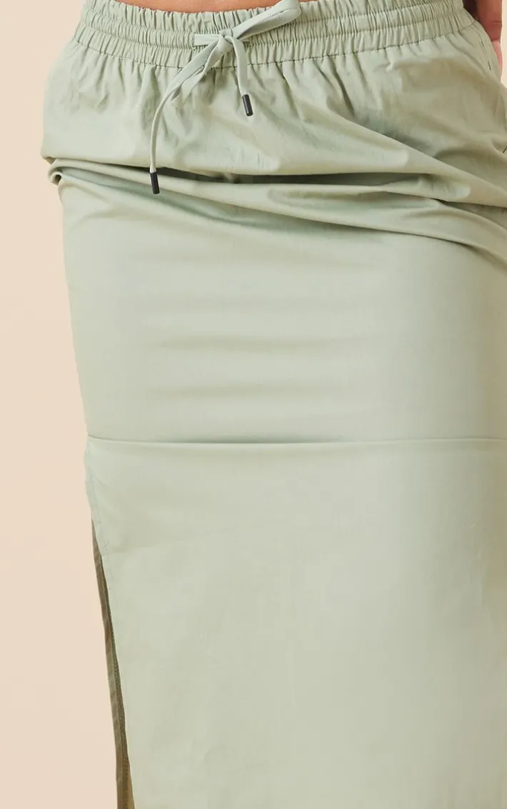 Sage Khaki Cotton Poplin Split Side Drawstring Waist Midaxi Skirt