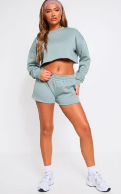 Clearance PrettyLittleThing Drawstring Mini Low Rise Sweat Shorts Sage Khaki