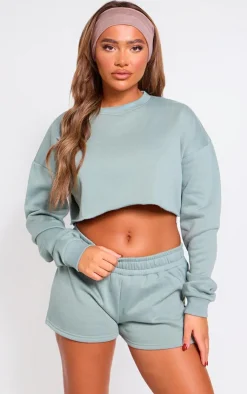 Clearance PrettyLittleThing Drawstring Mini Low Rise Sweat Shorts Sage Khaki