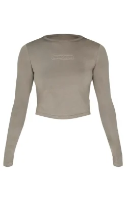 Discount PrettyLittleThing Embossed Studio Archives Long Sleeve Baby T Shirt Sage Khaki