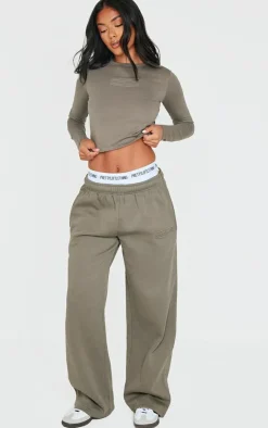 PrettyLittleThing Embossed Studio Archives Wide Leg Sweatpants Sage Khaki