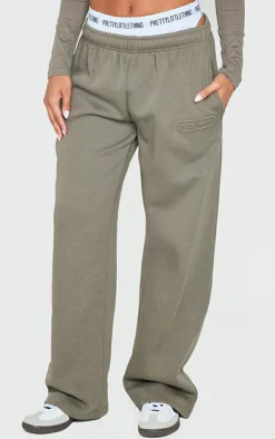 PrettyLittleThing Embossed Studio Archives Wide Leg Sweatpants Sage Khaki