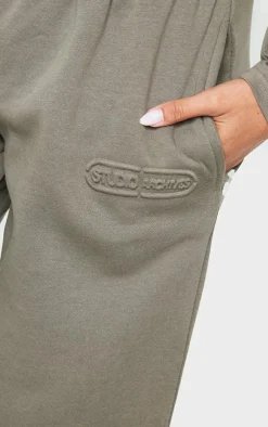 PrettyLittleThing Embossed Studio Archives Wide Leg Sweatpants Sage Khaki