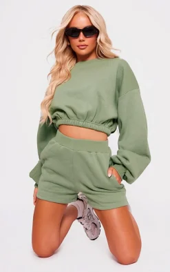 Online PrettyLittleThing Oversized Cinched Cropped Sweatshirt Sage Khaki