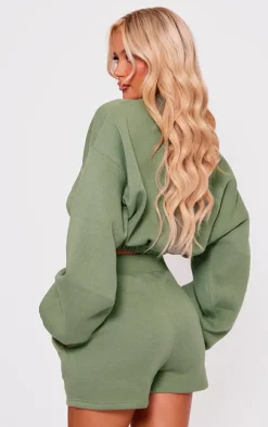 Online PrettyLittleThing Oversized Cinched Cropped Sweatshirt Sage Khaki