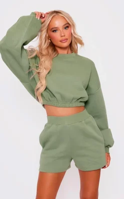 Online PrettyLittleThing Oversized Cinched Cropped Sweatshirt Sage Khaki