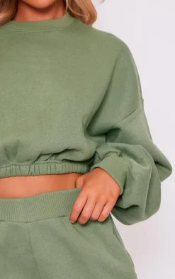 Online PrettyLittleThing Oversized Cinched Cropped Sweatshirt Sage Khaki