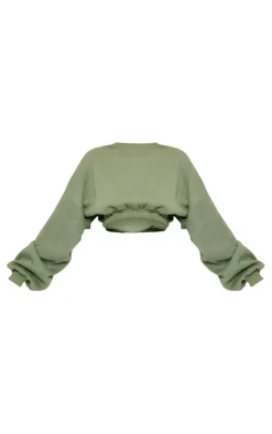 Online PrettyLittleThing Oversized Cinched Cropped Sweatshirt Sage Khaki