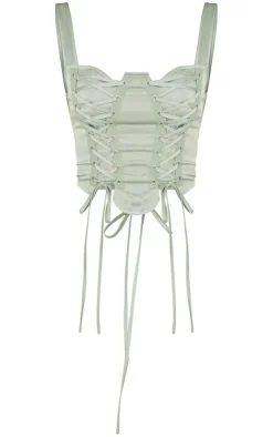 Sale PrettyLittleThing Satin Lace Up Front Detail Sleeveless Corset Sage Khaki