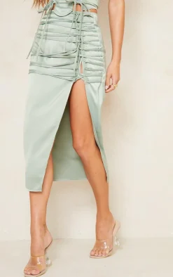 Clearance PrettyLittleThing Satin Lace Up Back Midi Skirt Sage Khaki