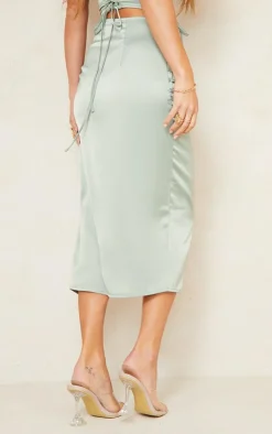 Clearance PrettyLittleThing Satin Lace Up Back Midi Skirt Sage Khaki