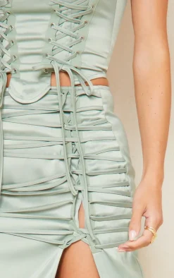 Clearance PrettyLittleThing Satin Lace Up Back Midi Skirt Sage Khaki