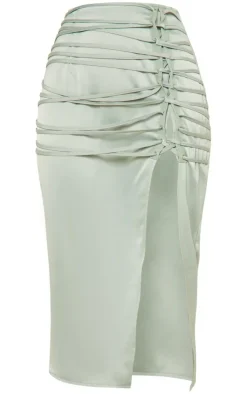 Clearance PrettyLittleThing Satin Lace Up Back Midi Skirt Sage Khaki
