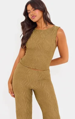 Discount PrettyLittleThing Textured Boatneck Top Sage Khaki