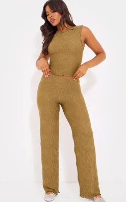 Discount PrettyLittleThing Textured Boatneck Top Sage Khaki