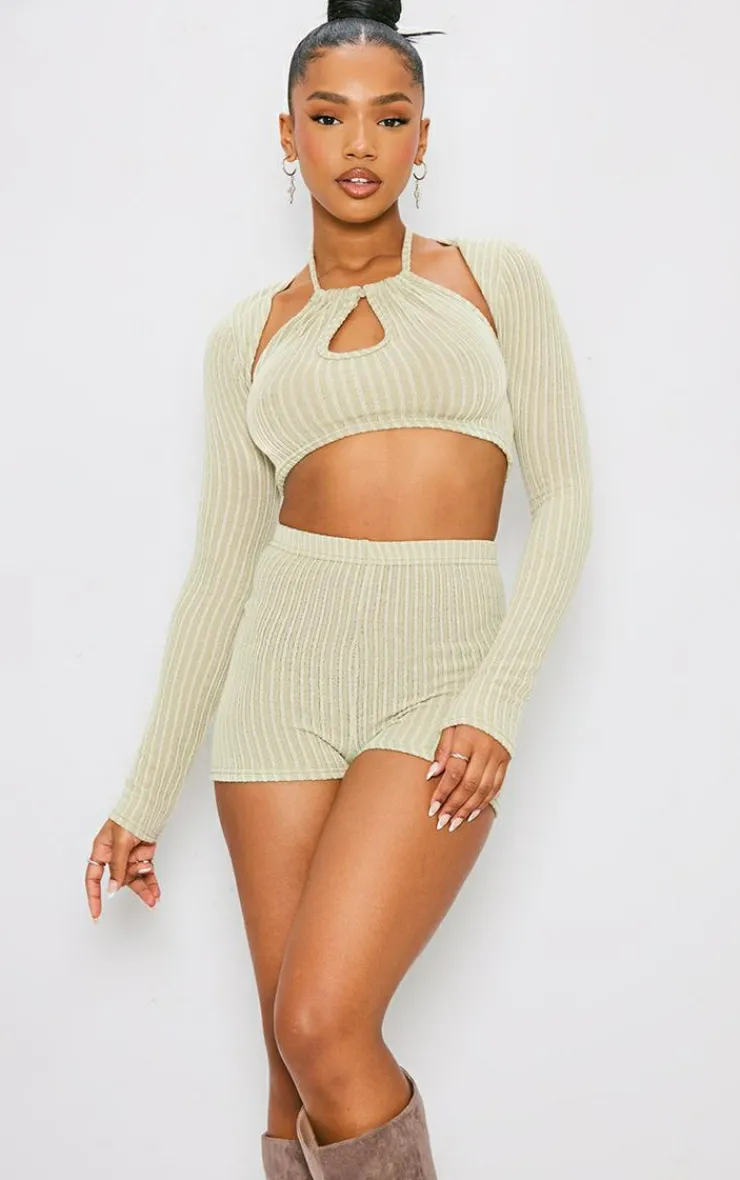 Best PrettyLittleThing Textured Rib Halterneck Keyhole Crop Top With Shrug Sage Khaki